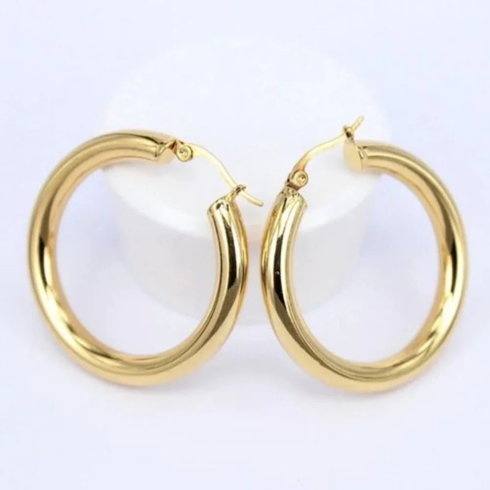 NEW 18K Yellow Gold Round 2'' Tube Hoop Earrings